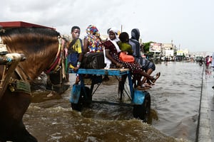 Après de fortes pluies, des habitants de Dakar sont évacués grâce à des attelages. Le 22 août 2021. © SEYLLOU / AFP