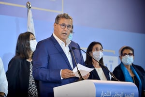 Aziz Akhannouch lors d’une conférence de presse après la victoire de son parti aux législatives marocaines, le 9 septembre à Rabat. © CHINE NOUVELLE/SIPA