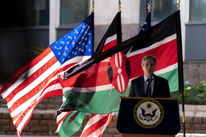 Le secrétaire d’État américain, Antony Blinken, à l’ambassade américaine de Nairobi, au Kenya, le 18 novembre 2021. © Andrew Harnik/AP/SIPA