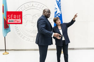 Le président de la RDC Félix Tshisekedi et la directrice du FMI Kristalina Georgieva, au siège de l’institution à Washington, le 2 mars 2020. © IMF Photograph/Joshua Roberts