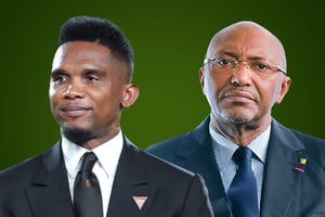 Samuel Eto’o et Seidou Mbombo Njoya, les deux candidats en lice pour prendre la tête de la fédération camerounaise de football. © Montage JA; KHALED ELFIQI/MAXPPP; DR