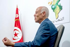 Kaïs Saïed dans son QG de campagne, le 18 septembre 2019, après le premier tour de l’élection présidentielle. © Nicolas Fauqué