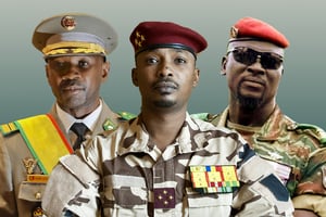 De g. à dr., Assimi Goïta (Mali), Mahamat Idriss Déby (Tchad) et Mamadi Doumbouya (Guinée).