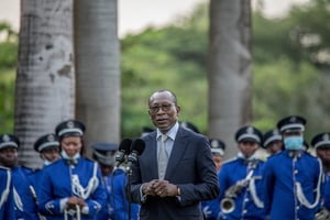 Le président Patrice Talon au palais de la Marina, à Cotonou, lors de la cérémonie de retour des œuvres sacrées restituées par la France, le 10 novembre 2021. © YANICK FOLLY/AFP