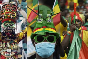 Des supporters burkinabè, sénégalais et camerounais, lors de la CAN. © Photomontage : JA / Photos : SIPA/AP