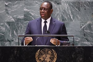Le président sénégalais Macky Sall lors de la 76e Assemblée générale des Nations unies, à New-York, le 24 septembre 2021. © JOHN ANGELILLO/AP/SIPA
