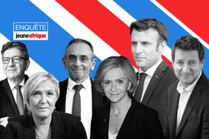Jean-Luc Mélenchon, Marine Le Pen, Eric Zemmour, Valérie Pécresse, Emmanuel Macron et Yannick Jadot. © Photomontage : Jeune Afrique