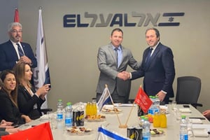 Hamid Aaddou, PDG de Royal Air Maroc, et Avigal Soreq, directeur général d’El Al Israel Airlines,  à Tel Aviv, le 14 mars 2022. © Royal Air Maroc.