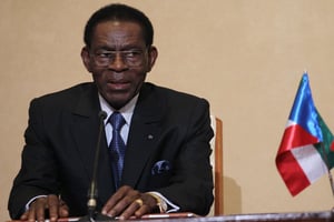 Le président Obiang en visite à Tunis, le 27 février 2018. Equatorial Guinea’s President Teodoro Obiang speaks during a joint press conference with Tunisian President Beji Caid Essebsi in Carthage Palace in Tunis on February 27,2018. President Teodoro Obiang is on three-day official visit to Tunisia. 
© Mohamed Hammi/SIPA