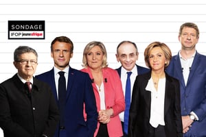 Jean-Luc Mélenchon, Emmanuel Macron, Marine Le Pen, Éric Zemmour, Valérie Pécresse et Yannick Jadot. © Montage JA