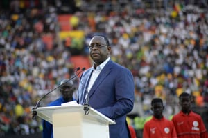 Le président Macky Sall lors de l’inauguration du Stade Abdoulaye-Wade, à Diamniadio, près de Dakar, le 24 février 2022. © Dieylani Seydi/Xinhua/SIPA