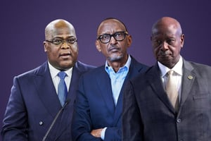 Félix Tshisekedi, Paul Kagame et Yoweri Museveni. © MONTAGE JA : Bruno LEVY pour JA; Vincent FOURNIER/JA/REA ; Gavriil Grigorov/TASS/Sipa USA/SIPA