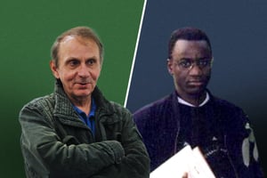 L’écrivain français Michel Houellebecq et et l’auteur sénégalais El Hadji Diagola. Montage JA : © Clemens Niehaus/Geisler-Fotopres/DPA via ZUMA Press ; DR