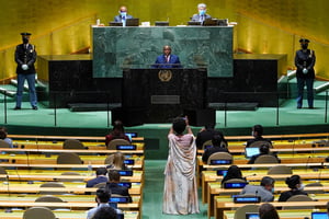 Évariste Ndayishimiye s’exprimant à l’Assemblée générale de l’ONU, à New York, le 23 septembre 2021. © Mary Altaffer/Pool via REUTERS