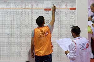 Des membres de l’Isie pendant l’opération de décompte des voix lors de la présidentielle de 2019, dans un bureau de vote de l’Ariana, près de Tunis. © FETHI BELAID/AFP