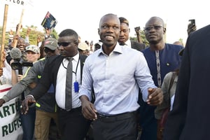 Ousmane Sonko sur la place de la Nation, à Dakar, en janvier 2019 © SEYLLOU/AFP