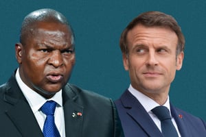 Le président centrafricain Faustin-Archange Touadéra et le président français Emmanuel Macron. © Montage JA : Stephane Audras/REA ; Eric TSCHAEN/REA.