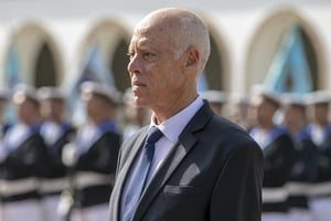Le président tunisien Kaïs Saïed. TUNIS, TUNISIA – OCTOBER 23: Newly-elected Tunisian President Kais Saied is welcomed with a military ceremony at the Palace of Carthage in Tunis, Tunisia on October 23, 2019 after taking oath at the parliament. Independent candidate Kais Saied was on Monday declared the winner of Tunisia’s presidential election.
© Yassine Gaidi/Anadolu Agency via AFP