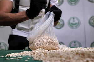 Saisie de cachets de captagon à Jeddah, en Arabie saoudite, le 1er mars 2022. © FAYEZ NURELDINE/AFP