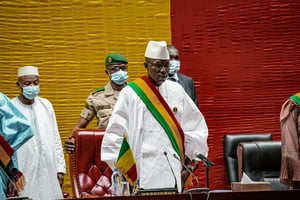 Le colonel Malick Diaw, président du Conseil national de transition) à Bamako, le 30 juillet 2021. © Amaury Blin/ Hans Lucas via AFP