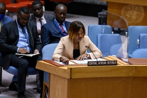 Sylvie Baïpo-Temon, la ministre centrafricaine des Affaires étrangères, au Conseil de sécurité de l’ONU, à New York, le 29 juillet 2022. © UN Photo/Loey Felipe