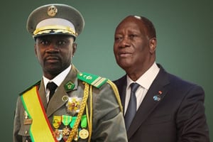 Le Malien Assimi Goïta (à g.) et l’Ivoirien Alassane Ouattara. © Montage JA : Habib Kouyate/Xinhua/MaxPPP ; ISA HARSIN/SIPA
