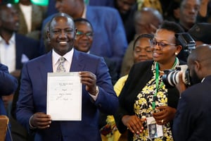 William Ruto à Nairobi, le 15 août, après la proclamation de sa victoire à la présidentielle kényane. © REUTERS/Thomas Mukoya