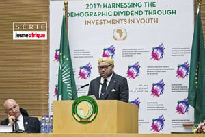 Discours du roi Mohammed VI durant le sommet de l’Union africaine d’Addis-Abeba, le 31 janvier 2017. © ZACHARIAS ABUBEKER/AFP