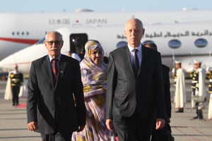 Brahim Ghali et Kaïs Saïed, le 27 août 2022, à l’aéroport Tunis-Carthage. © DR / Présidence tunisienne.