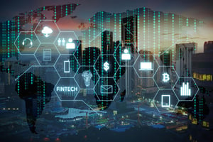 Fintech icon and internet of things with matrix code background, Investment and financial internet technology concept. © Photo12/Alamy/Chin Leong Teoh