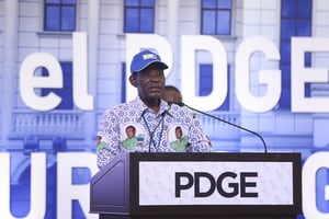 Le président Teodoro Obiang Nguema Mbasogo lors du congrès du PDGE, à Bata, le 22 novembre 2021. © Steeve Jordan/AFP