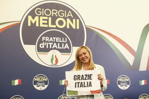 Giorgia Meloni célèbre la victoire de son parti aux élections législatives en Italie, le 26 septembre 2022. © RICCARDO DE LUCA / ANADOLU AGENCY / AFP
