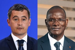 Gérald Darmanin, ministre français de l’Intérieur, et Vagondo Diomandé, ministre ivoirien de l’Intérieur et de la Sécurité. © Stephane de Sakutin/AP/SIPA ; Issam Zeljy pour JA