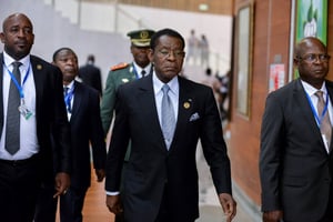 Teodoro Obiang Nguema Mbasogo (au centre), au siège de l’UA, à Addis-Abeba, le 10 février 2020. © Michael Tewelde/AFP