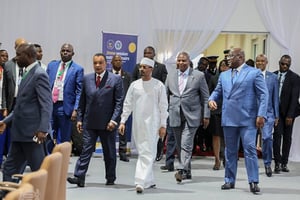 De g. à d : les présidents Denis Sassou Nguesso, Mahamat Idriss Déby Itno, Faustin-Archange Touadéra et Félix Tshisekedi lors du sommet de la CEEAC, à Kinshasa, le 25 octobre. © Présidence du Tchad