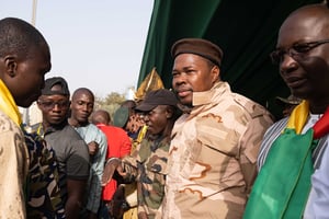 Adama Diarra alias « Ben le Cerveau », porteur du mouvement « Yerewolo », lors d’une manifestation contre la présence militaire française au Mali, à Bamako, le 19 février 2022. © Paloma Laudet