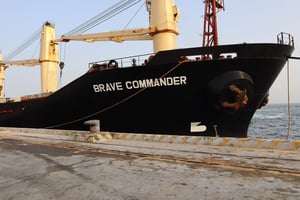 Le vraquier Brave Commander, venu d’Ukraine avec à son bord 23 000 tonnes de blé, à quai à Djibouti, début septembre 2022. © WFP