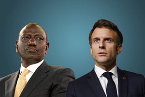 Les présidents William Ruto et Emmanuel Macron. © Ludovic MARIN / AFP – Simon MAINA / AFP / Montage JA