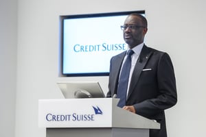 Le Franco-Ivoirien Tidjane Thiamà l’occasion de sa dernière conférence de presse en tant que CEO de Credit Suisse, lors des résultats annuels de la banque, le 13 février 2020, à Zurich. © FABRICE COFFRINI/AFP