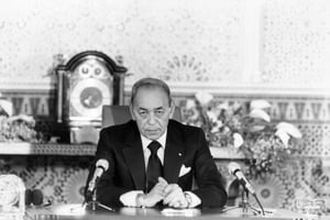 Hassan II lors d’une conférence de presse le 20 janvier 1984. © Laurent MAOUS/GAMMA RAPHO