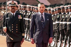 Mohammed VI est accueilli au palais présidentiel de New Delhi, le 27 février 2001. © JOHN MACDOUGALL / AFP