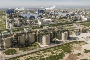 Une vue aérienne des usines d’OCP à Jorf Lasfar, au Maroc, en 2018. © OCP