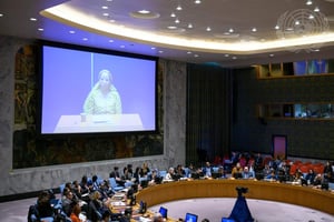 Aminata Cheick Dicko, sur l’écran, lors de son intervention devant le Conseil de sécurité des Nations unies, le 27 janvier 2023. © UN Photo/Loey Felipe