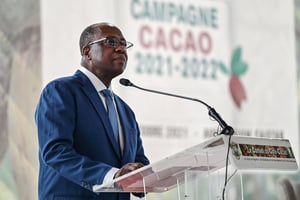 Yves Brahima Koné, directeur général du CCC, lors de la cérémonie d’ouverture de la campagne cacao 2021-2022, le 1er octobre 2021. © Sia Kambou/AFP