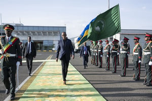 Paul Kagame, lors de son arrivée au sommet de l’UA à Addis-Abeba, le 16 février 2023. © Presidence Rwanda
