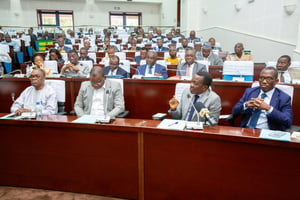 Les membres du gouvernement, dont le ministre du Commerce, Kodjo Adedzé, au micro, face aux députés. © Assemblée Nationale