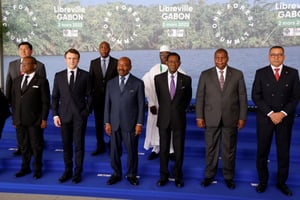 Les présidents des pays du bassin du Congo et le chef de l’État français réunis au palais présidentiel de Libreville, le 2 mars 2023. © LUDOVIC MARIN / AFP
