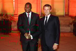 Faustin-Archange Touadéra et Emmanuel Macron, à Lyon, en octobre 2019. © LUDOVIC MARIN/AFP