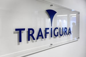 The name and logo of the multinational commodity trading company Trafigura is pictured in the company’s offices entrance in Geneva, on November 24, 2020 © Fabrice COFFRINI AFP