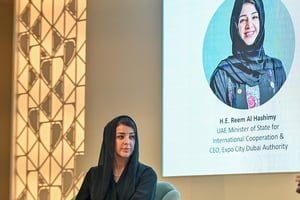 Reem Al Hashimy, ministre émiratie de la Coopération internationale et présidente de l’Autorité d’Expo City Dubai. © Waleed Zein / ANADOLU AGENCY / Anadolu Agency via AFP